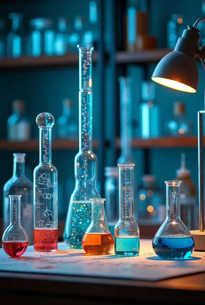 Experimental chemistry glassware, over the table, atom bonds, with the name WALDIR