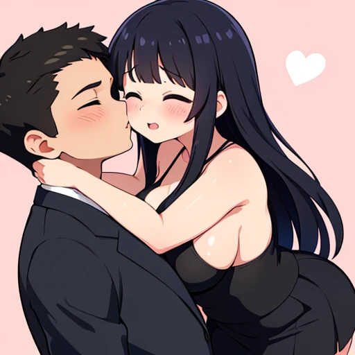 Woman in black bra and panties with white skin color and black head,  with a red bow on her head and long black hair in bed with a man in a black McDonald&#39;s outfit,  and straight, black fluffy hair , and the man eating the woman, sucking the woman anime