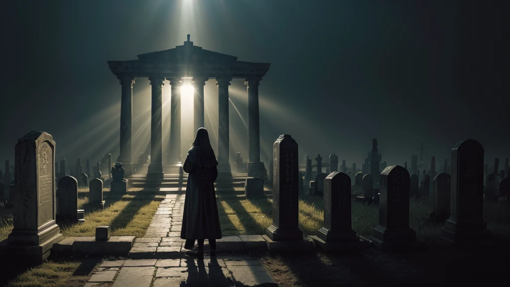 "Create a high-resolution thumbnail image on YouTube with the theme 'What does the Bible say about death?'. The image should be striking, featuring a dramatic contrast between light and dark. In the foreground, depict an open, radiant Bible , with light rays emanating from the pages, pushing away shadows. In the background, a faint silhouette of a cemetery or symbolic gate, slightly blurred to keep the focus on the Bible, should be bold, in bright yellow or white, with a subtle glow effect to stand out. of the darkest tones. The overall composition should evoke curiosity and reflection."