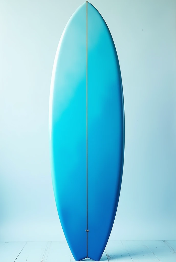 Ein Surfboard, which is azure blue on the top and sky blue at the back. The shades of blue merge in the middle. It has a white border and a fishtail