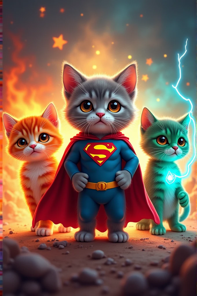 The image you uploaded shows three adorable kittens, each stylized with unique superhero-like elements:
1. **Left Kitten**: A bright red kitten with an intense fiery glow surrounding it. The kitten has a fierce, determined expression, and the background is ablaze with red and orange hues, resembling a fire-themed superhero.
2. **Center Kitten**: A gray kitten wearing a Superman-like outfit, complete with a red cape and a blue suit featuring the iconic Superman emblem. The background includes planets and a cosmic scene, highlighting a space or super-powered theme.
3. **Right Kitten**: A green kitten with an electric aura, giving off a glowing green light. The kitten appears to be standing in a charged environment, possibly representing an electricity-themed superhero.
The overall style is vibrant and playful, combining the cuteness of kittens with the epicness of superhero themes. The center of the image features the text "CARTOON FINAL UNIVERSE" in bold, positioned across the chest of the middle kitten, which further emphasizes the theme of a cartoon or animated superhero universe.