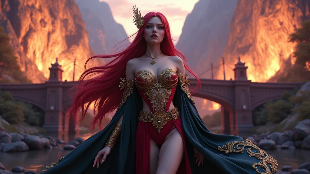 A cinematic, hyper-detailed, and photorealistic 3D render of a fantasy setting. A sensual woman with red hair and vibrant eyes and lips is the main focus. She is wearing intricate, detailed clothing with gold and red tones. The background reveals a dramatic lighting with mountains, trees, and a bridge. The overall image has vibrant colors and is a masterpiece.