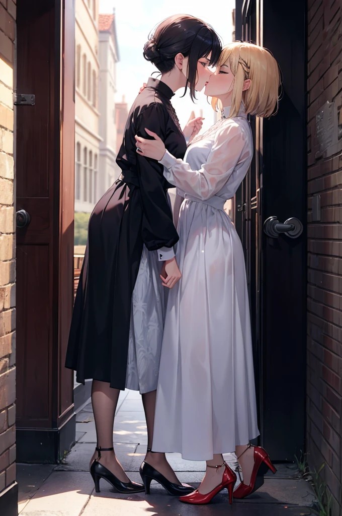 (masterpiece), 4K,{{{2 women}}}, Lesbian，shoes，,Random Hairstyles,kiss,((Lesbian kiss )),Shooting from afar,monastery,