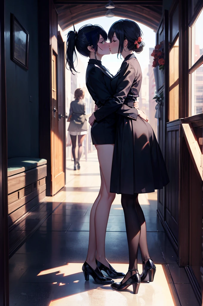 (masterpiece), 4K,{{{2 women}}}, Lesbian，shoes，,Random Hairstyles,kiss,((Lesbian kiss )),Shooting from afar,monastery,