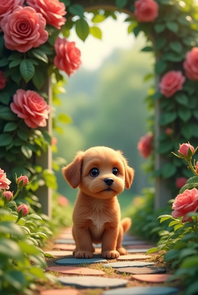 "A small, curious brown puppy stands before a narrow path paved with colorful stones. The path is hidden behind a large bush of blooming roses in a lush, green garden."