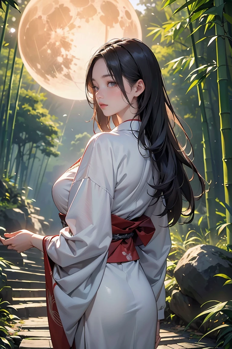 bamboo forest, ((masterpiece, of the highest quality, Maximum image quality, High resolution, photorealistic, raw photo, 8k, Extremely detailed 8k unified CG wallpaper)), A straight path through bamboo forests., Lanterns illuminating the ground, a full moon at midnight, and the back view of a woman dressed in a Japanese kimono standing in the middle of the road.,