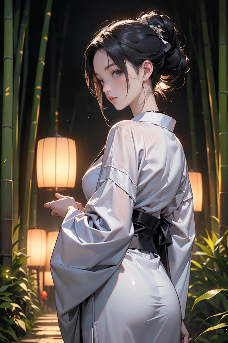 bamboo forest, ((masterpiece, of the highest quality, Maximum image quality, High resolution, photorealistic, raw photo, 8k, Extremely detailed 8k unified CG wallpaper)), A straight path through bamboo forests., Lanterns illuminating the ground, a full moon at midnight, and the back view of a woman dressed in a Japanese kimono standing in the middle of the road.,