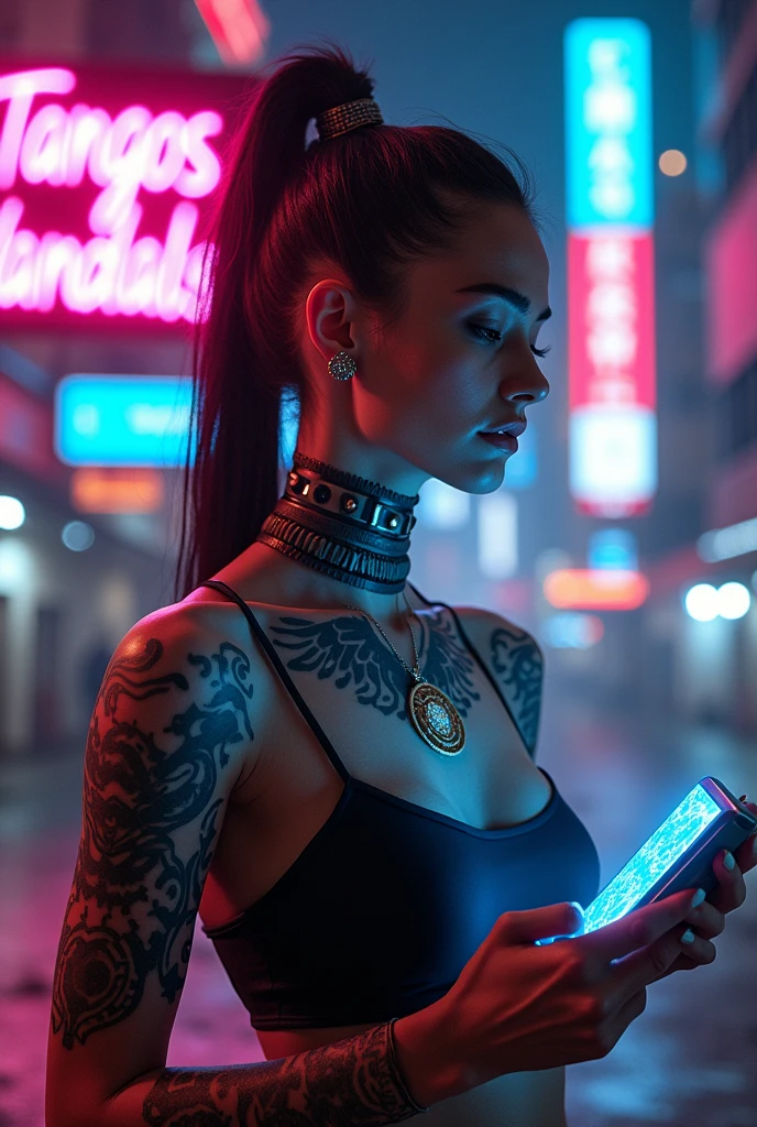 Futuristic female with phones, She has an "Eye of Horus" egipcian tattoo on her neck, Add a bold, neon "Tangos Vandals" sign in the scene. image horizontal.