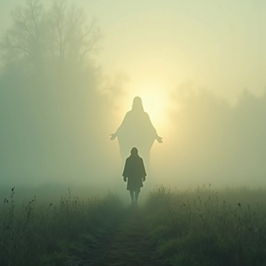 Illustrate a person walking through a misty field at dawn, with only the light of the early morning sun breaking through. In the mist, a gentle outline of Jesus appears, symbolizing the quiet strength of believing without seeing.