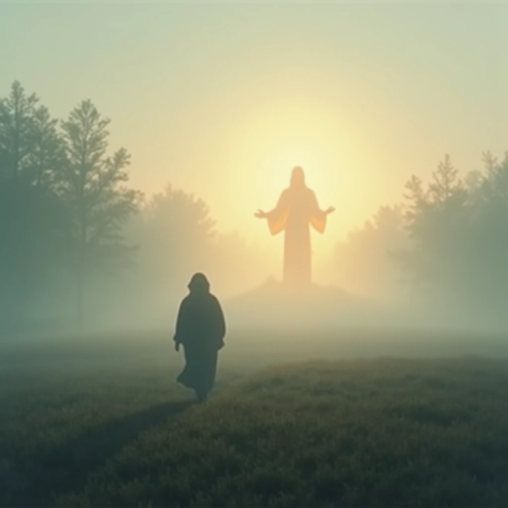 Illustrate a person walking through a misty field at dawn, with only the light of the early morning sun breaking through. In the mist, a gentle outline of Jesus appears, symbolizing the quiet strength of believing without seeing.