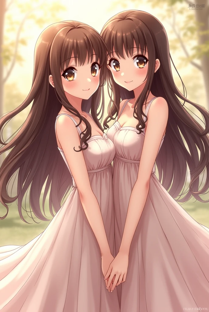 2 girl anime version long hair down to her waist, Brown hair wavy and curly at the ends, delgado, Cup size C, White skin, Brown eyes 