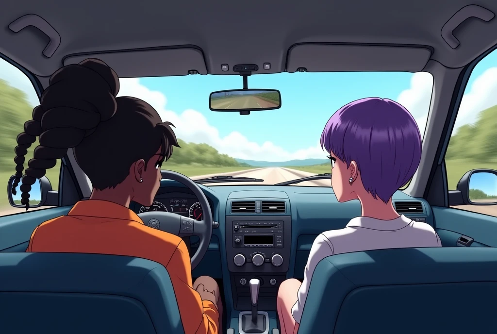 Interior of a car with 3 characters, a black male driver with braided hair and a ponytail, a black woman in the passenger seat and in the back seat a white woman with short hair and purple highlights, a road in the windshield view, in anime style