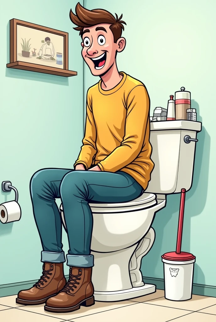 sitting on toilet bowl with pants down, drawn in toon style