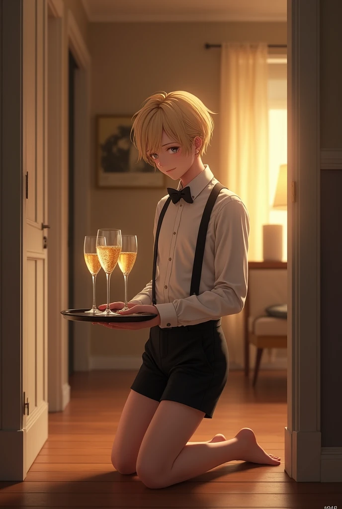 Create a photorealistic full-length image of a skinny twink with a short blond haircut. He is wearing a neat white shirt with a bow tie and black shorts. He is kneeling and holding a tray with three glasses of champagne. The face is sweet, it has an expression of humility and submission. The background is a cozy hallway of the apartment, with warm lighting.
