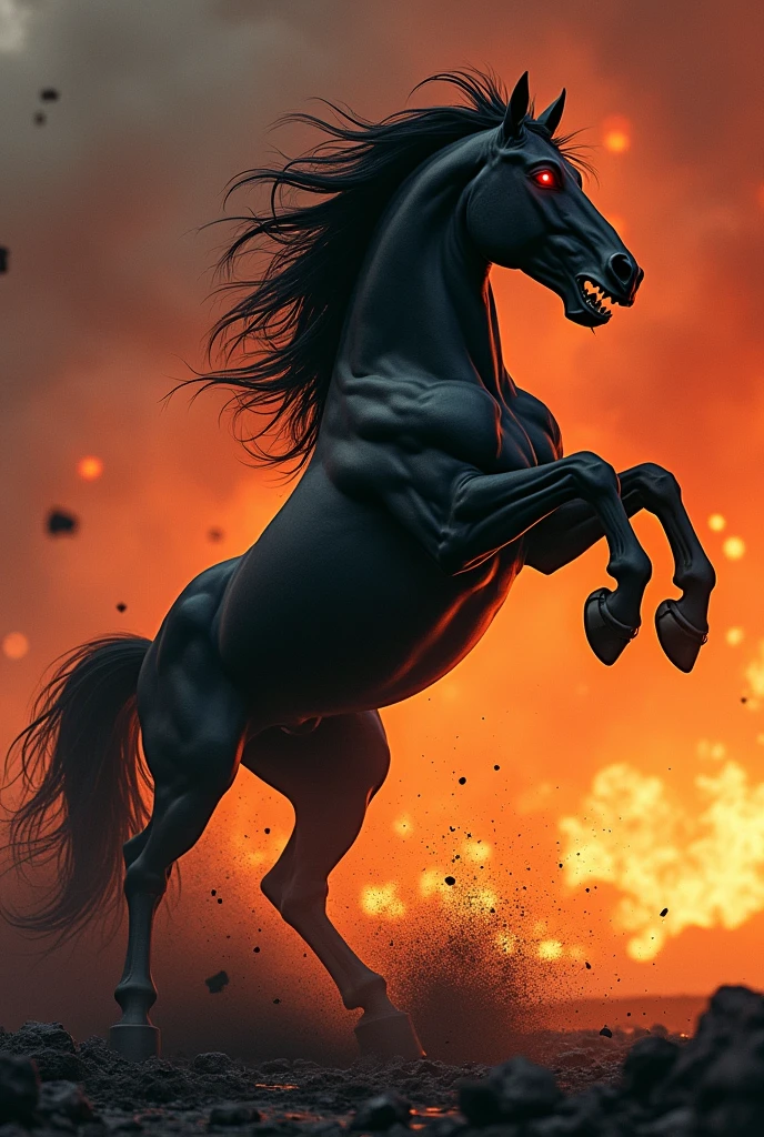 ERstelle ein Bild mit einem schwaRzen angReifenden aggRessiven mächtigen zugpfeRd hengst
mit staRken Muskeln und AdeRn und feueRRoten Augenund einem offenem maul. R. Es steht auf den HinteRbeinen und die voRdeRen beine sind hoch in die luft stReckt. schwaRzen, carbonizing, flammen Boden Rein stampft. Das pfeRd steht auf eineR Russischen Rakete. DeR HinteRgRund soll ein flammendes InfeRno sein so dass man die hitze eRkennen kann.