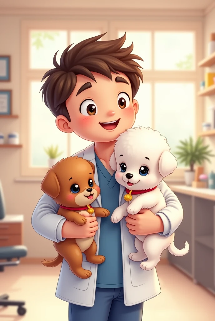 Draw a chibi-style drawing of a male veterinarian hugging two puppies: a white poodle with black eyes and a Yorkshire terrier.