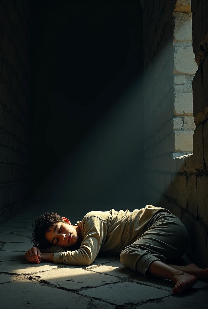 Young man sleeping on the floor of a room with stone walls