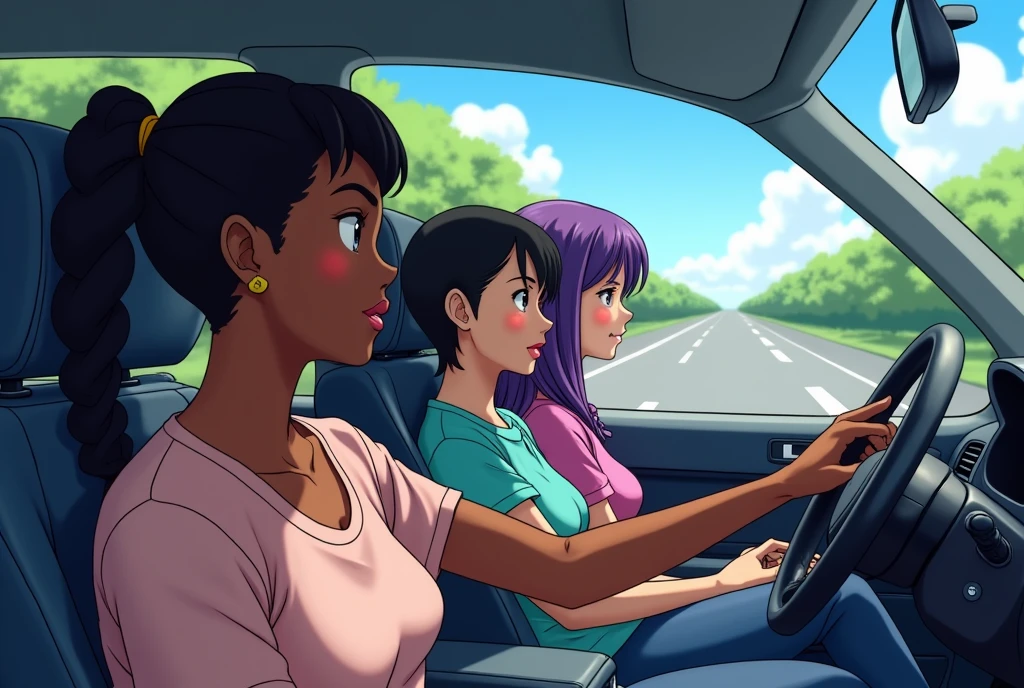 Interior of a car with 3 characters, a black male driver with braided hair and a ponytail, a black woman in the passenger seat and in the back seat a white woman with short hair and purple highlights, a road in the windshield view, in anime style