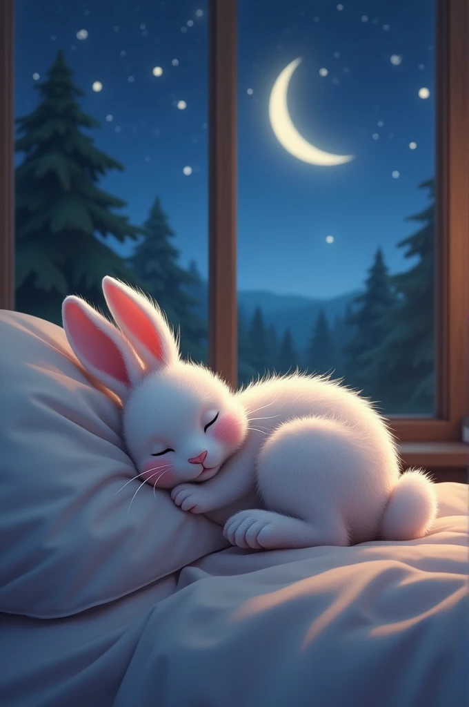 Bunny sleeping on the bed beside there is night view 