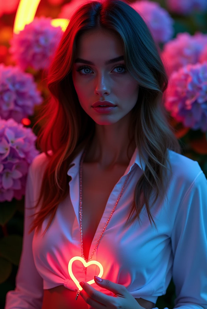 A beautiful woman with long brown hair, blue eyes, wearing a white shirt and hot pants, holding a neon red heart necklace, looking at the viewer, in a night scene with colorful hydrangea flowers, (best quality,4k,8k,highres,masterpiece:1.2),ultra-detailed,(realistic,photorealistic,photo-realistic:1.37),detailed facial features,detailed eyes and lips,highly detailed skin,studio lighting,dramatic lighting,vivid colors,beautiful scenery,lush foliage,intricate details,elegant pose,cinematic composition