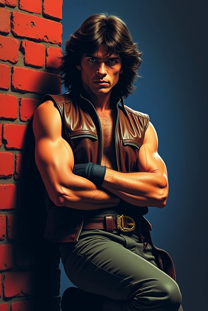 masterpiece, anatomically correct, super detail, best quality, textured skin, award winning, 4K film The Warriors 1979 Stylized poster featuring a man (James Remar) leaning against a red brick wall. The man has white skin, shoulder-length hair and a dark gigachad face with a serious expression. He is wearing a sleeveless brown leather vest, classic retro black genuine leather gloves, middle finger gloves, a black belt with a large buckle and dark pants. His arms are crossed with his foot resting on the wall. The background is a dark blue to black gradient, transitioning into the red brick wall. The word 'AJAX' is displayed in bright blue neon letters in the top right corner. In the bottom right corner there is a logo
red color, with the text in red graffiti style font ‘The Warriors’