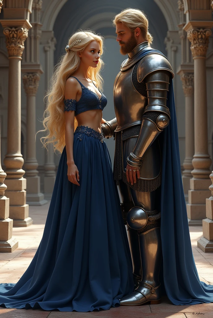 (photorealism:1.2) Blonde Princess Wears a Dark Blue Two Piece Dress, blue crop top and long skirt, She is in a castle next to her knight husband