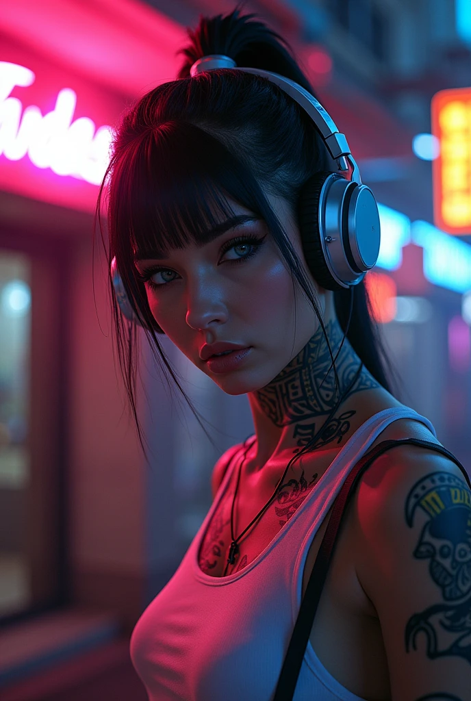 Futuristic female with ear phones, She has an "Eye of Horus" egipcian tattoo on her neck, Add a bold, neon "Tangos Vandals" sign in the scene. image horizontal.