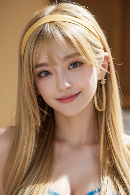 One person, solo, Long Hair, High resolution, chest, Gaze, smile, Open your mouth, bangs, Blonde, とてもLong Hair, Golden Eyes, hair band, Earrings, masterpiece, Highest quality, 