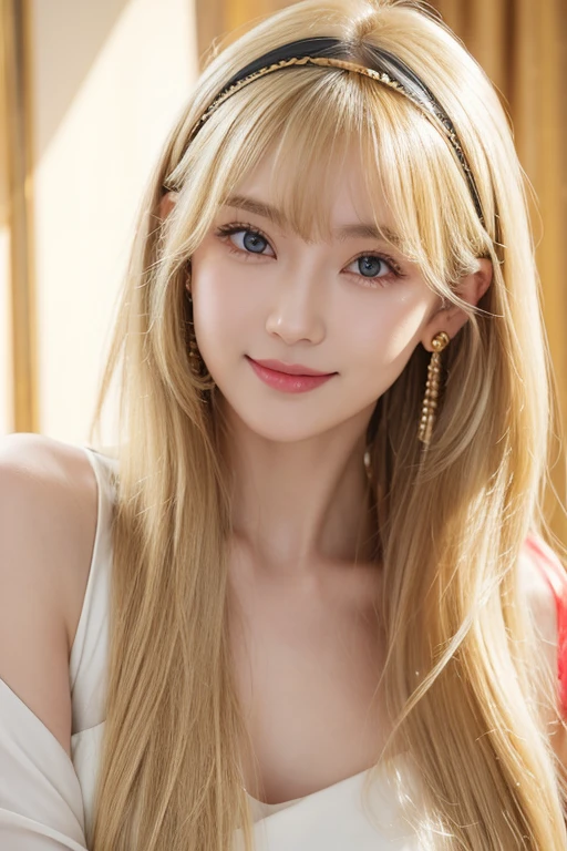 One person, solo, Long Hair, High resolution, chest, Gaze, smile, Open your mouth, bangs, Blonde, とてもLong Hair, Golden Eyes, hair band, Earrings, masterpiece, Highest quality,