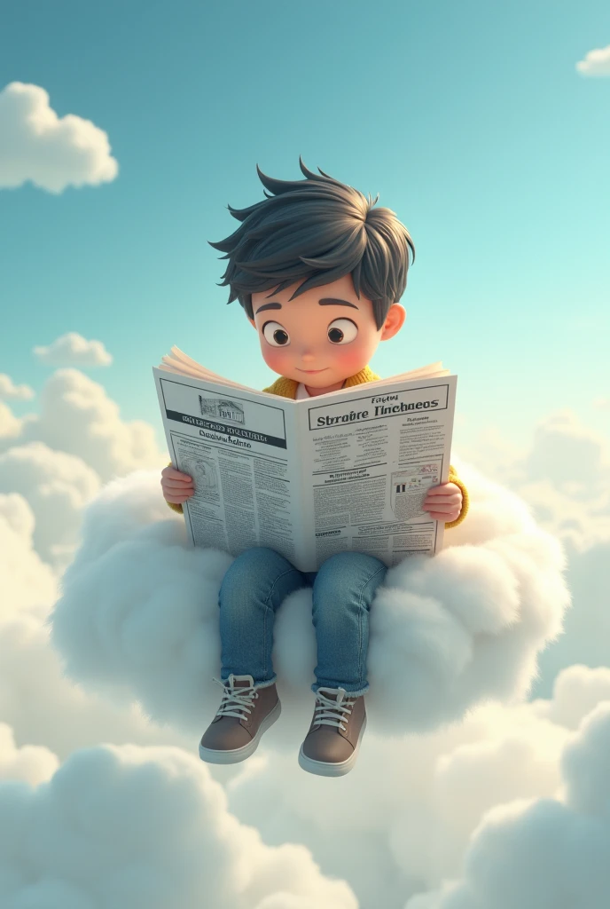 A smart boy sit on the cloud and read news paper