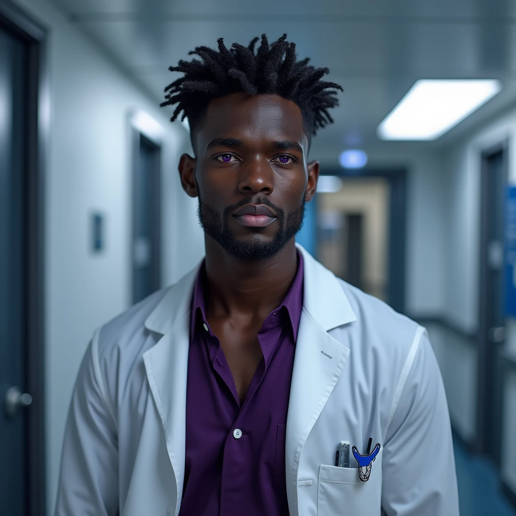 Photograph headshot, very tall French featured male model, medium length wavy-curl-wavy side parted hair, shaved, toned body, dark ebony skin, vibrant purple eyes, tall thin toned body. Gentle smile expression. Doctor coat, dark purple shirt, modern sci-fi hospital office.