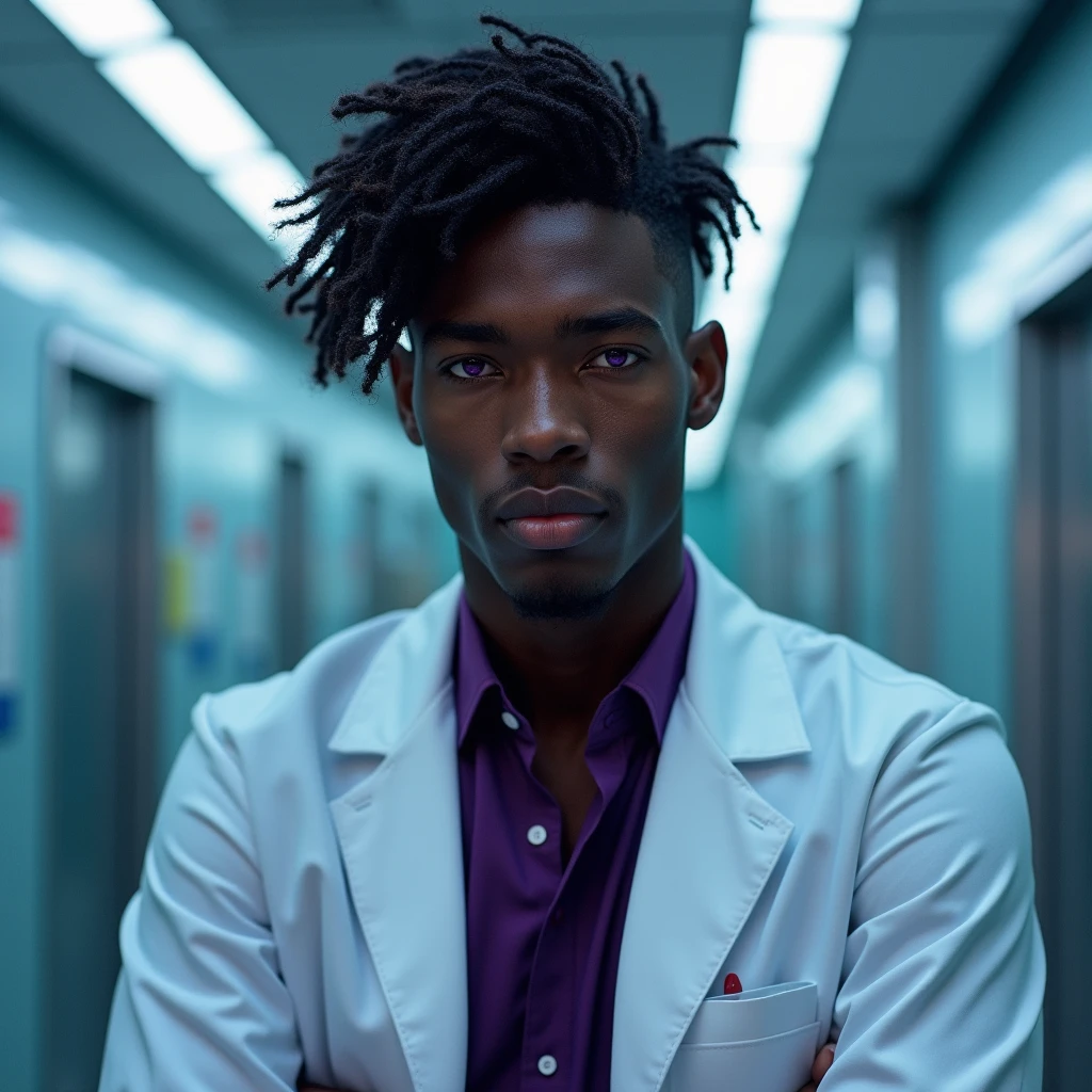 Photograph headshot, very tall French featured male model, medium length wavy-curl-wavy side parted hair, shaved, toned body, dark ebony skin, vibrant purple eyes, tall thin toned body. Gentle smile expression. Doctor coat, dark purple shirt, modern sci-fi hospital office.