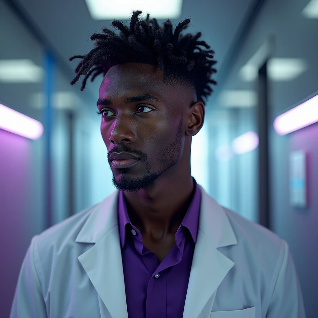 Photograph headshot, very tall French featured male model, medium length wavy-curl-wavy side parted hair, shaved, toned body, dark ebony skin, vibrant purple eyes, tall thin toned body. Gentle smile expression. Doctor coat, dark purple shirt, modern sci-fi hospital office.