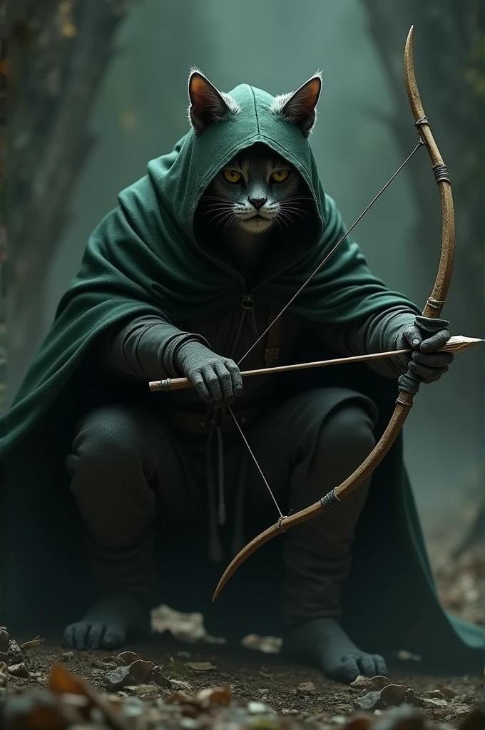 A cat man dressed as a prowler (dark green hooded garment with a black cape)
Le chat porte la capuche avec un arc a la main et une fleche dans l'autre