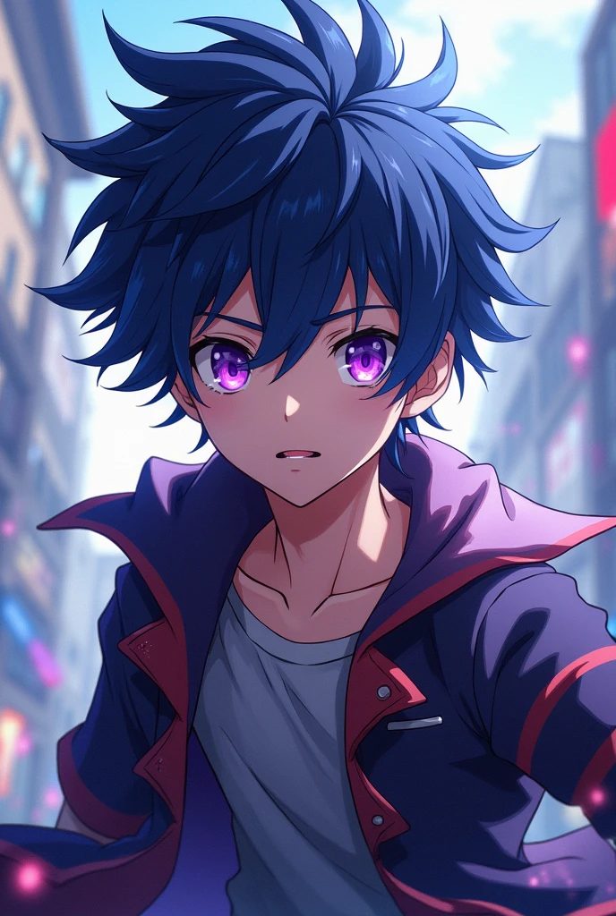 Anime Boy with dark blue hair and purple eyes in Tsuna Sawada costume