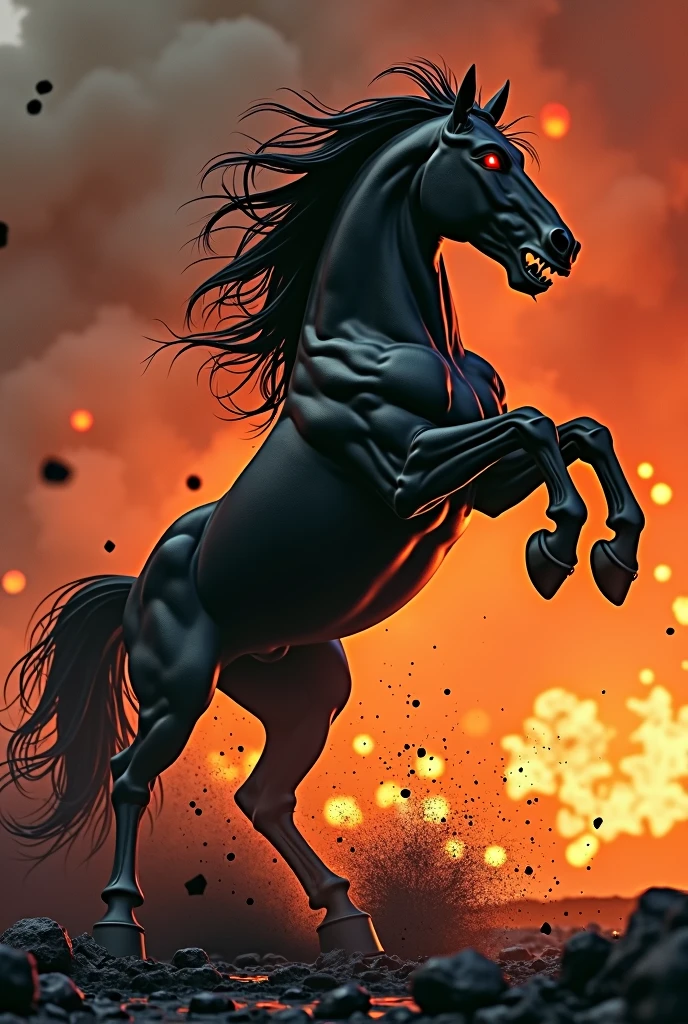 ERstelle ein Bild mit einem black angReifenden aggRessiven mächtigen zugpfeRd hengst
mit staRken Muskeln und AdeRn und feueRRoten Augenund einem offenem maul. R. It stands on its hind legs and the front legs are stretched high in the air. black, carbonizing, flames ground in stomps. The horse stands on a Russian rocket. The background should be a flaming inferno so that you can see the heat.