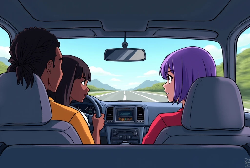 Interior of a car with 3 characters, a black male driver with braided hair and a ponytail, a black woman in the passenger seat and in the back seat a white woman with short hair and purple highlights, a road in the windshield view, in anime style