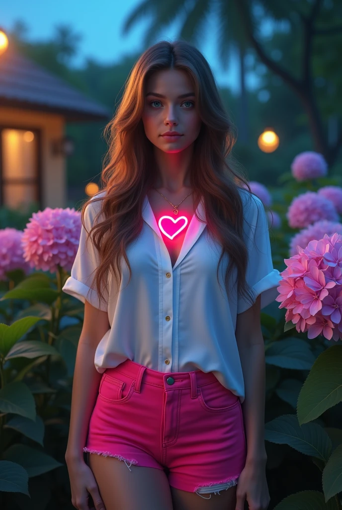 a beautiful woman with long brown hair, blue eyes, wearing a white shirt and hot pants, standing in a lush garden at night, with colorful hydrangea flowers in the background, a neon red heart necklace around her neck, looking directly at the viewer, (best quality,4k,8k,highres,masterpiece:1.2),ultra-detailed,(realistic,photorealistic,photo-realistic:1.37),HDR,UHD,studio lighting,ultra-fine painting,sharp focus,physically-based rendering,extreme detail description,professional,vivid colors,bokeh,portrait