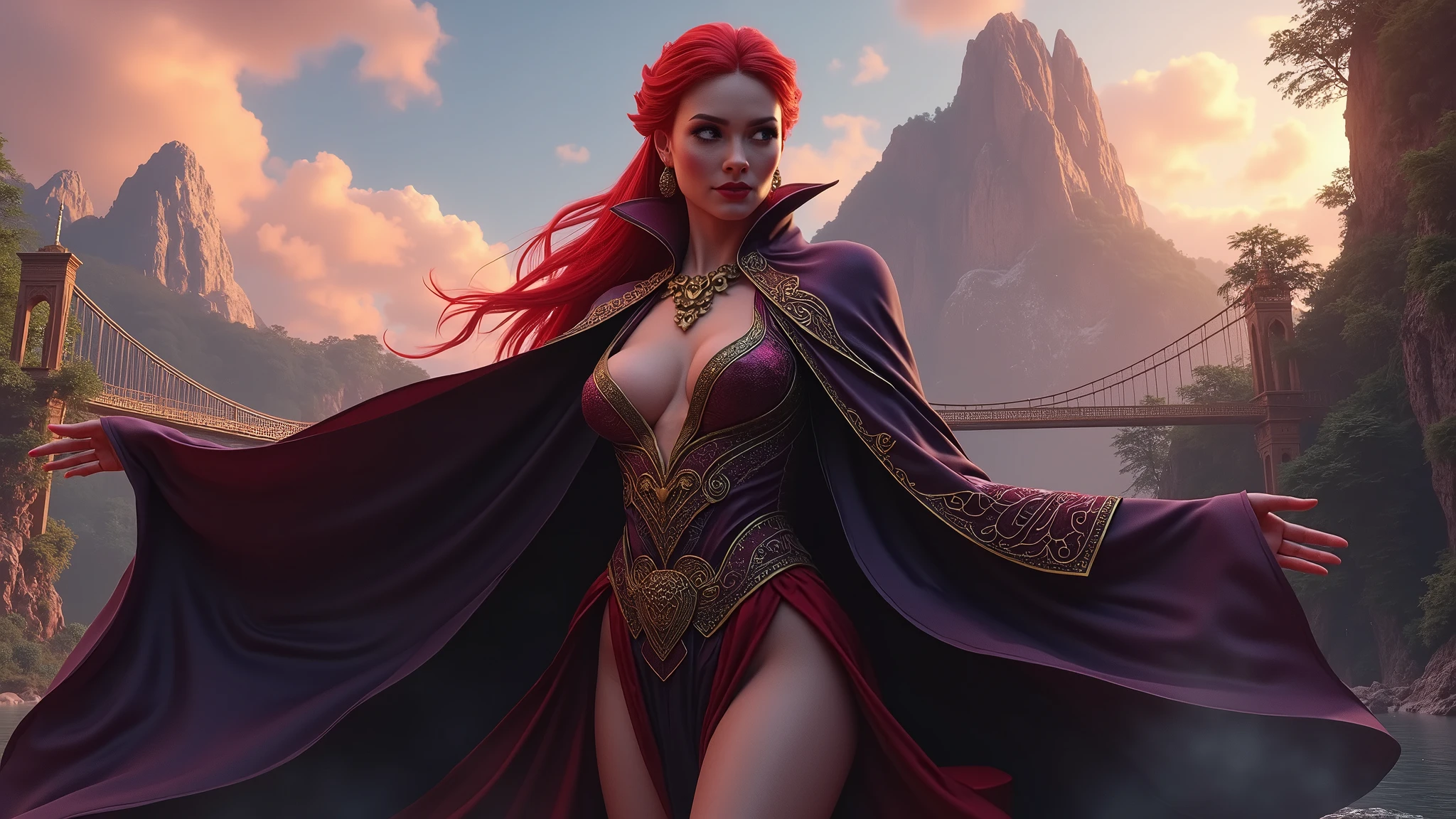 A cinematic, hyper-detailed, and photorealistic 3D render of a fantasy setting. A sensual woman with red hair and vibrant eyes and lips is the main focus. She is wearing intricate, detailed clothing with gold and red tones. The background reveals a dramatic lighting with mountains, trees, and a bridge. The overall image has vibrant colors and is a masterpiece.