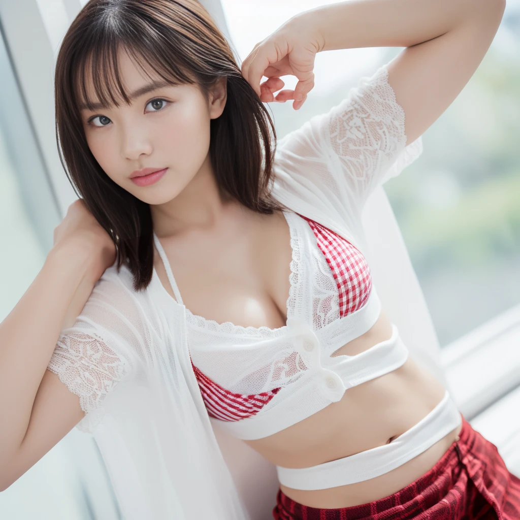 (High resolution、8k),1 person,Cute Japanese,( Normal arm and arm:1.4,Correct palm:1.4),(Big and bold slits:1.4,White lace fabric:1.3,High Cut,Sexy Micro Bikini:1.4) ,(Red checked mini skirt:1.5),knees,(Standing on a white sheet:1.5,Show me your whole body:1.4,ankle:1.4),Telephoto lens camera、Looking into the camera、(Large Breasts:1.2)、Thick and glossy lips、Kind eyes ,belly button,(Light brown hair,Layered Haircut), barefoot ,Very realistic,Healthy skin with visible tan lines,Moderate abs,Arms are lowered,(I can see your crotch:1.5)