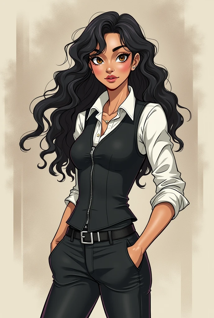 Imagine a young brunette with long black curly hair, wearing black riding boots that fit her legs well. She wears black pants with side pockets., hidden inside the boots. The white collared blouse is underneath a black vest. About all this, a black overcoat. In a drawing inspired by the lines of Gravity Falls