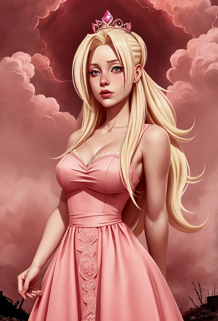 A blonde woman, long pink dress, princesa peach, In an apocalyptic scenario, ((high qualiy))