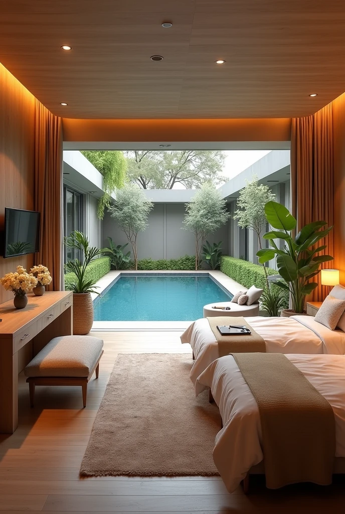 Create an image where it is a room with six beds, an alcove that leads to our pool, a desk, a shelf to put books on, and a television