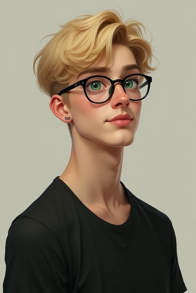 Create a young man with glasses, He is pale and looks nice. He is thin and wears a black shirt. Her hair is very short and blonde. His eyes are green