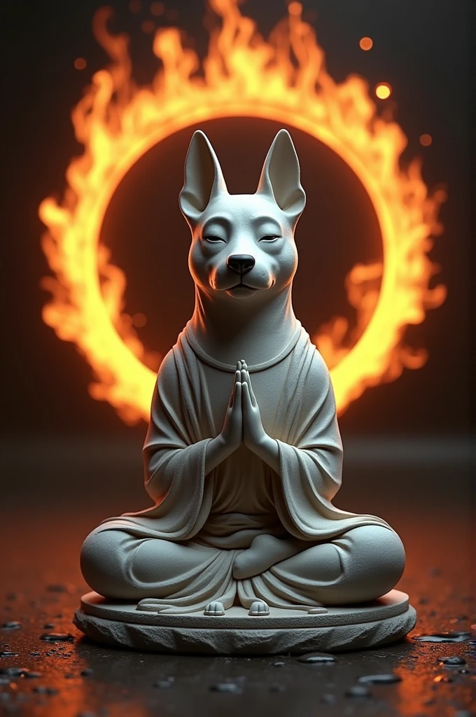 Buddha style dog statue, with a circle of fire behind