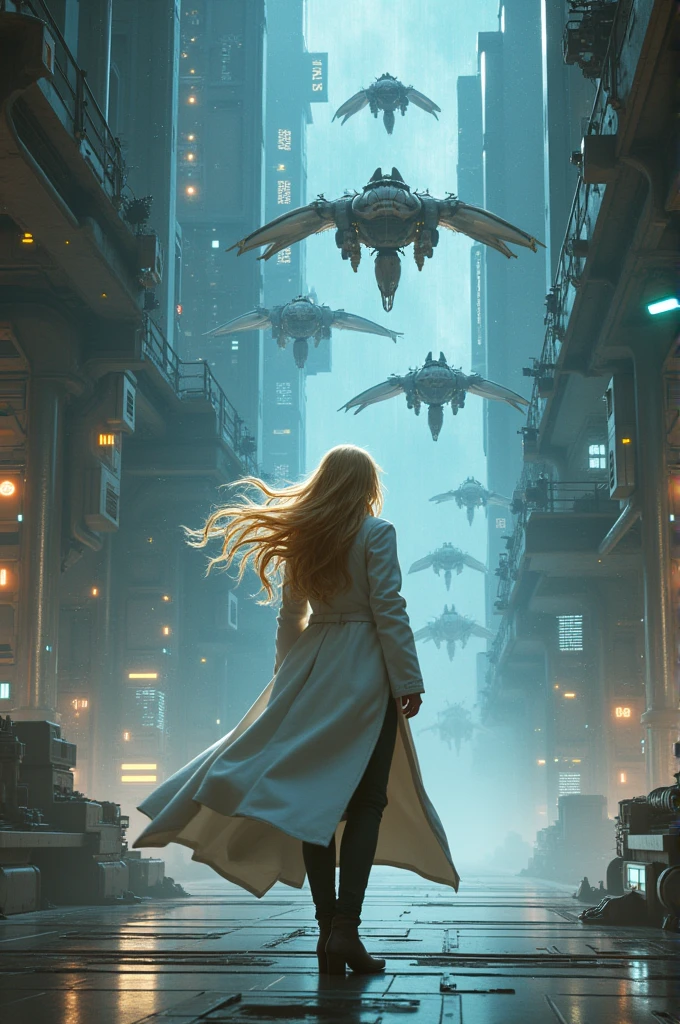 Doctor with elegant blonde hair, creating an army of flying robots to exterminate the monsters
