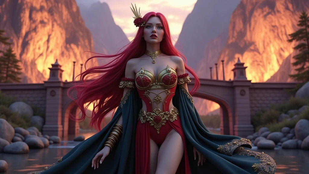 A cinematic, hyper-detailed, and photorealistic 3D render of a fantasy setting. A sensual woman with red hair and vibrant eyes and lips is the main focus. She is wearing intricate, detailed clothing with gold and red tones. The background reveals a dramatic lighting with mountains, trees, and a bridge. The overall image has vibrant colors and is a masterpiece.