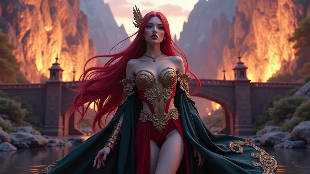 A cinematic, hyper-detailed, and photorealistic 3D render of a fantasy setting. A sensual woman with red hair and vibrant eyes and lips is the main focus. She is wearing intricate, detailed clothing with gold and red tones. The background reveals a dramatic lighting with mountains, trees, and a bridge. The overall image has vibrant colors and is a masterpiece.