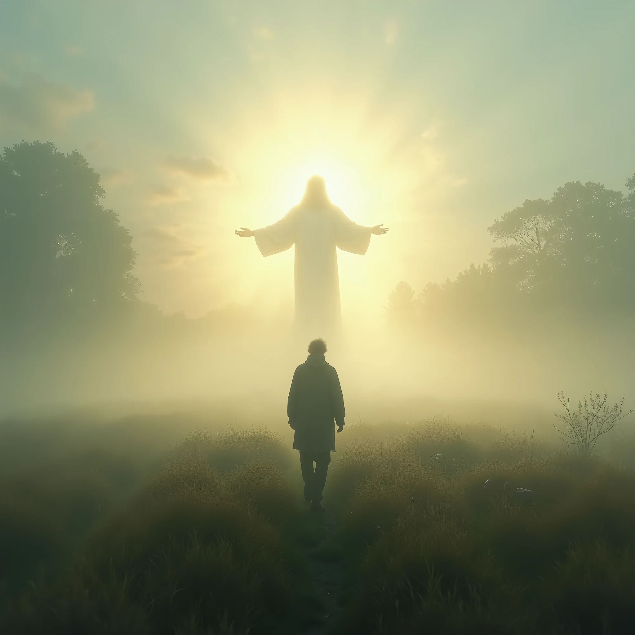 Illustrate a person walking through a misty field at dawn, with only the light of the early morning sun breaking through. In the mist, a gentle outline of Jesus appears, symbolizing the quiet strength of believing without seeing.