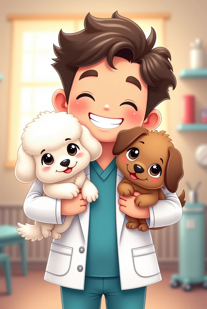Draw a chibi-style drawing of a male veterinarian hugging two puppies: a white poodle with black eyes and a Yorkshire terrier.